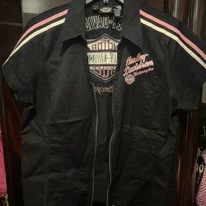 Harley Davidson Black and Pink zip up blouse